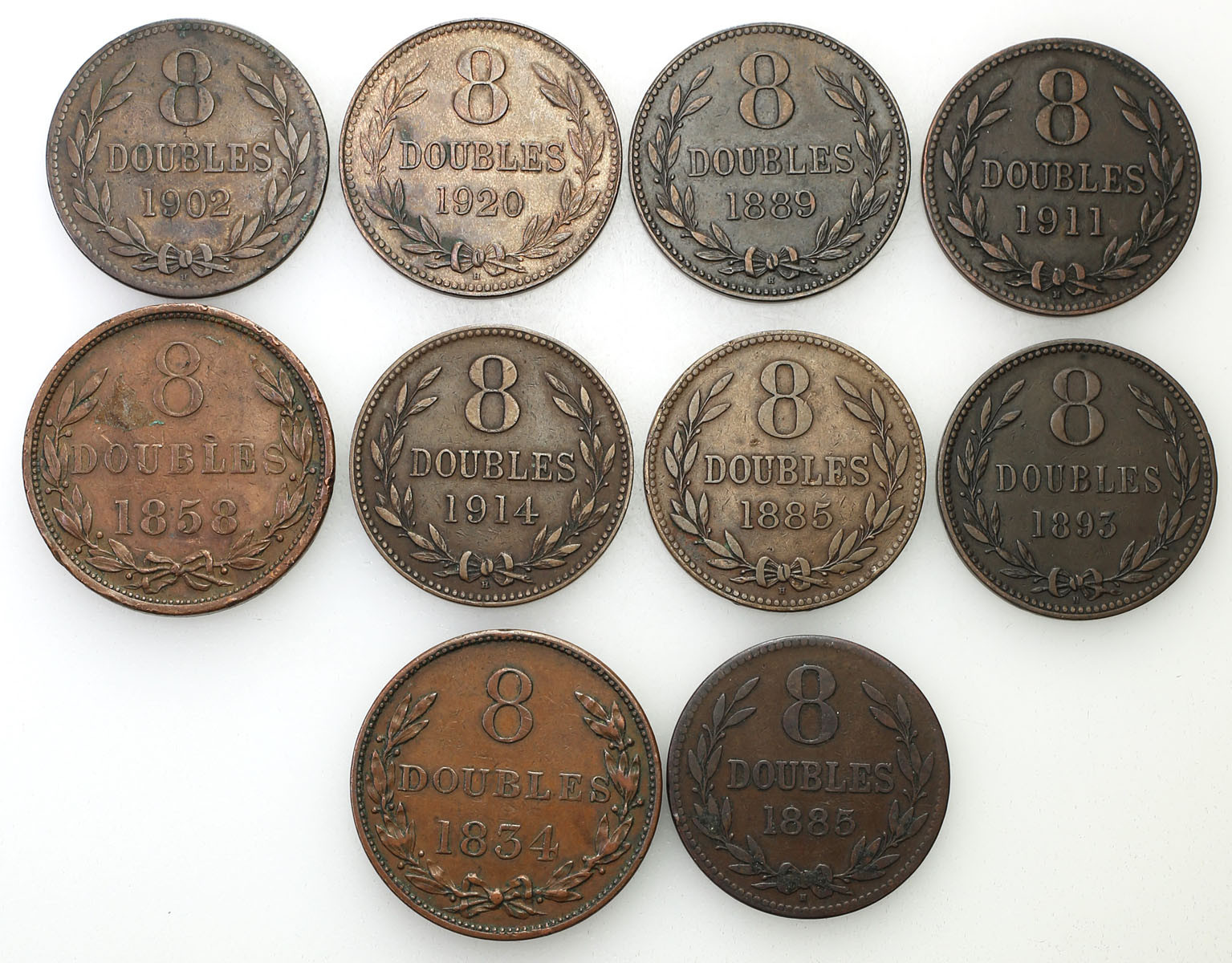 Guernsey. 8 doubles 1834 – 1914, zestaw 10 monet